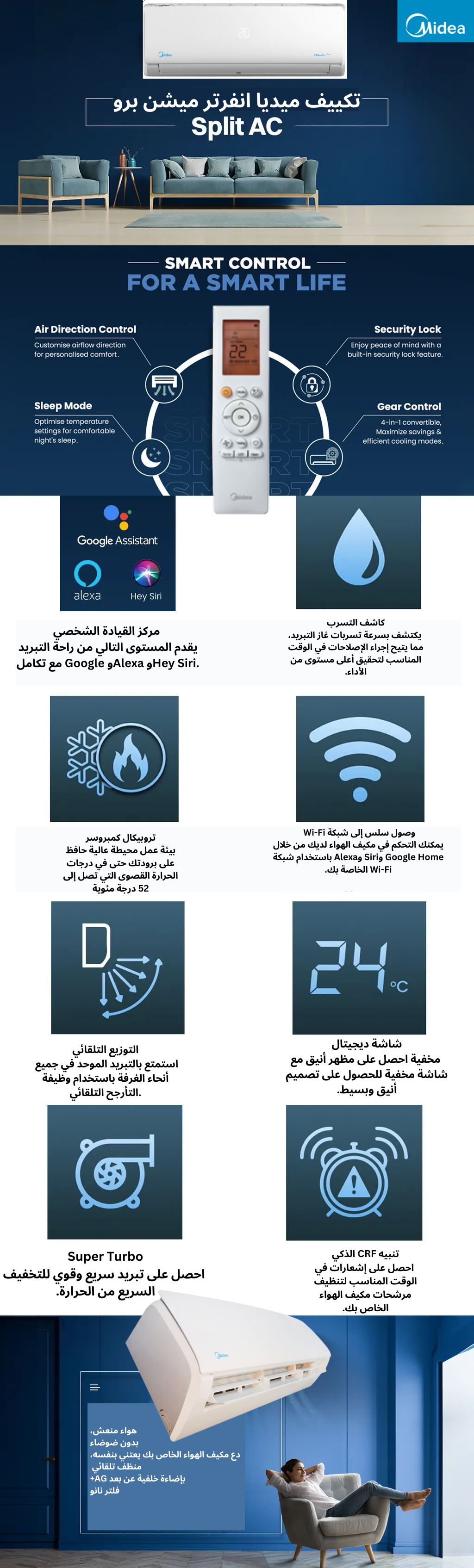 تكييف ميديا انفرتر ٣ حصان بارد ساخن تروبيكال سبلت حائطي لون ابيض MSC1T-24HR