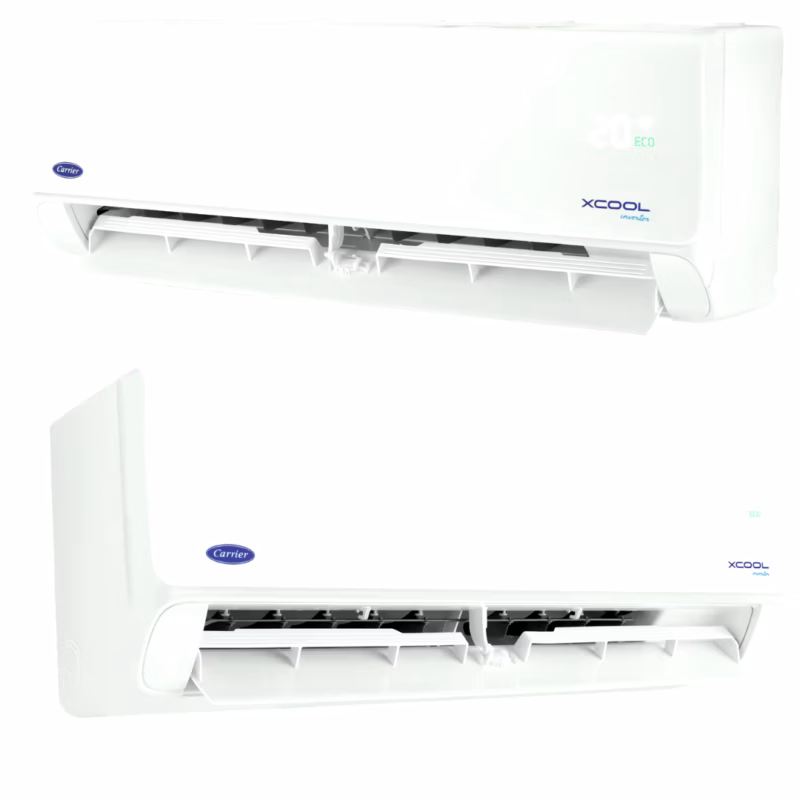 Carrier X-Cool Inverter Air Conditioner, 1.5 HP, Cooling and Heating (1) صورتان مدمجتان للوحدة الداخلية لتكييف Carrier XCool من الزاويتين اليمنى واليسرى توضحان فتحات توجيه الهواء ومظهر الجهاز الأنيق على الحائط.